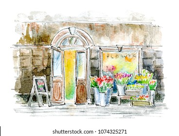 Flower Shop Window. Street Sketch.Watercolor Hand Drawn Illustration.