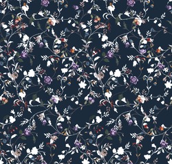Flower Simple Minimalistic Seamless Pattern Graphic Design For Paper, Textile Print. Floral Background With Hand Drawn Flowers And Leaves.