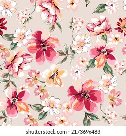 Flower small pattern. Seamless motif fabric texture repeated. Floral elements cherry blossoms, daisy, tulip, lily and leaves. Camel color background. - Εικονογράφηση στοκ