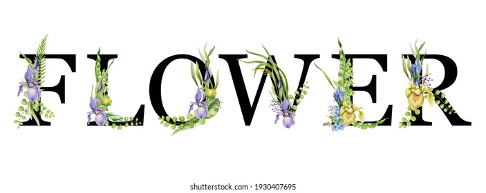 Flower Spring Alphabet. Flower Letters. Capital Elegant Letters. Floral Sign Element With Spring Garden Blossoms Branch Bouquets Composition. On White Background