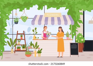 Flower store. Florist standing at counter, customer visiting shop and buying bouquet for holiday. Selling potted houseplants for home decor. Retail service with young owner  illustration - Powered by Shutterstock