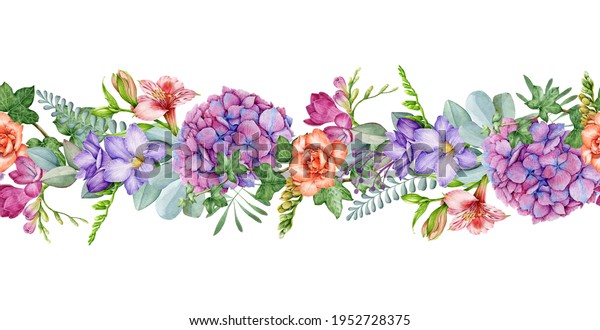 花の夏はシームレスな縁 庭の花は無限の飾りで輝く 水彩花柄のイラスト 写実的なフリーシア アジサギ ユーカリの花 白い背景に のイラスト素材