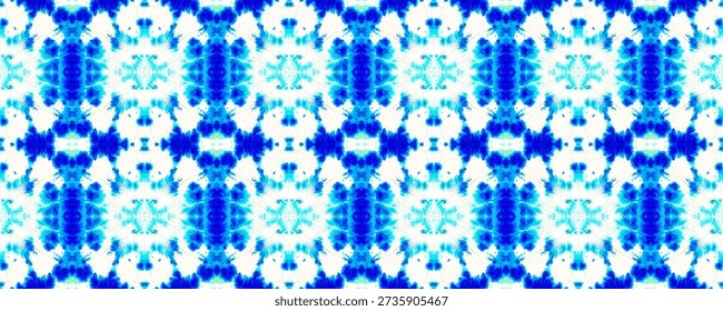 Flower Tile. Indigo Ethnic Patterns. Tile Background. Salad Ethnic Morocco. Seamless Tie Dye Texture. Cold Watercolor. Sky Majolica Watercolor.