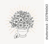 Flower vase drawing, vintage decoration illustration. Black and white vintage etching drawing flower vase illustration. Vintage sketch drawing illustration of flower vase with aura.