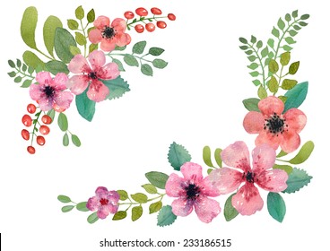 Flower wreath, design element. Perfect for wedding invitations, celebration cards and any printing or decoration. Hand watercolor painting. Isolated in white background