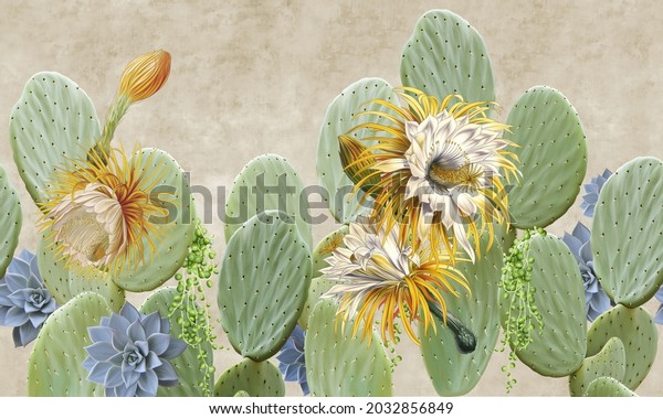 Flowering cacti on the concrete beige grunge wall. Blooming cactus. Exotic background for wallpaper, photo wallpaper, mural, painting. Design in the loft, classic, modern style.