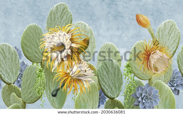 Flowering cacti on the concrete blue grunge wall. Blooming cactus. Exotic background for wallpaper, photo wallpaper, mural, card, postcard, painting. Design in the loft, classic, modern style.