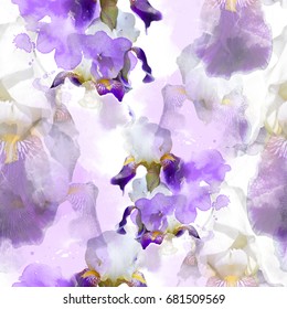 Flowering irises seamless pattern. abstract watercolor and photo picture. mixed media artwork for textiles, fabrics, souvenirs, packaging and greeting cards. 