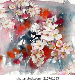 Flowers Of Apple Tree, Abstract Painting And Mixed Media Art Background