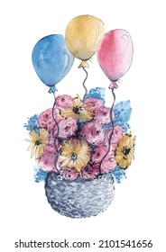 Flowers in basket  Watercolor illustration  Happy holiday