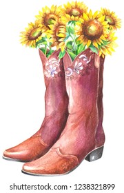 Flowers in boots. Watercolor painting isolated on white background.