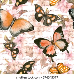 Flowers, Butterflies And Hand Written Text Note. Watercolor. Seamless Pattern 