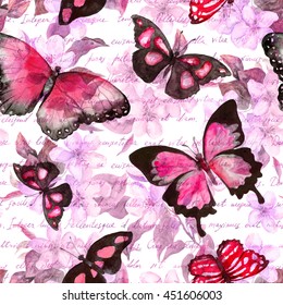 Flowers, Butterflies And Hand Written Text Note. Watercolor. Seamless Pattern 