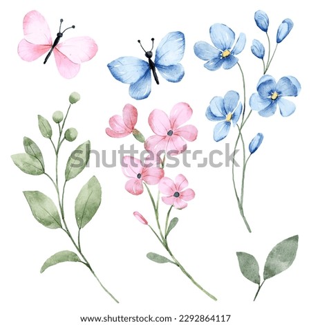 Flowers, butterflies and leaves digital illustration, spring design, watercolor hand painting. Perfectly for printing, sublimation.