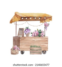 Flowers cart shop. Watercolor summer outdoor illustration isolated on white background. Flowers market in cartoon style - Powered by Shutterstock