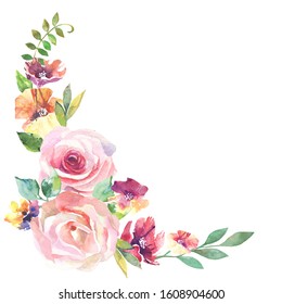 Flowers Corner With Watercolor Roses.