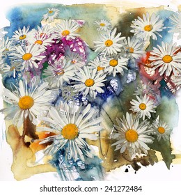 Flowers Daisies, Watercolor And Mixed Media Abstract Background