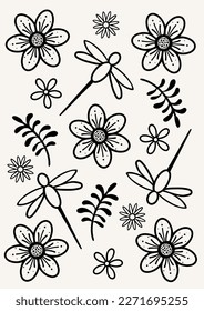 Flowers  dragonfly   leaf outline illustration in black white background  All  over pattern 