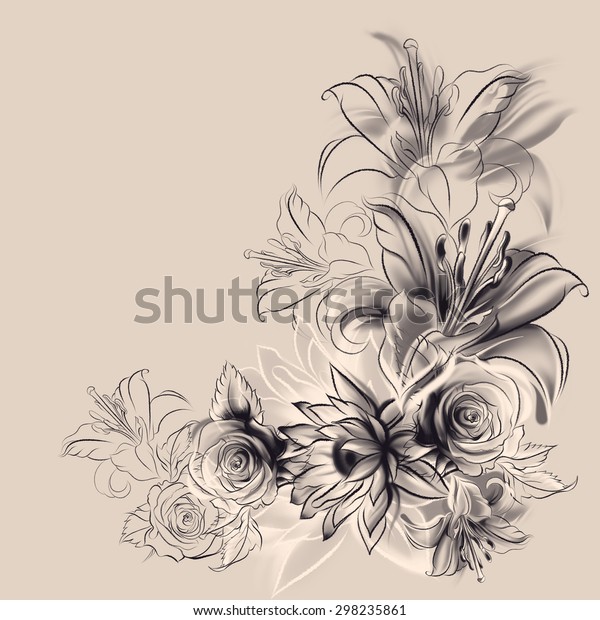 Flowers Drawing Simple Pencil Coal On Stock Illustration 298235861