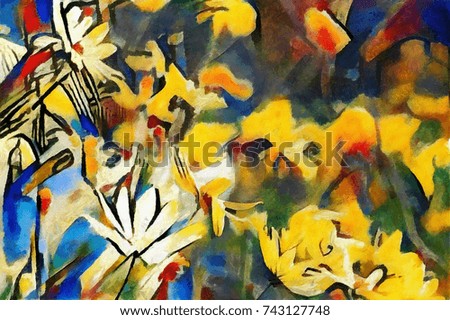 The flowers of the field. Abstraction in modern style with the nature of painting Kandinsky. Executed in oil on canvas with elements of pastel and acrylic painting