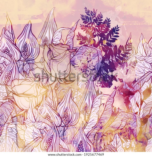 Flowers and herbs seamless border. Digital lines hand drawn picture with watercolour texture. Mixed media artwork. Endless motif for textile decor and natural design.