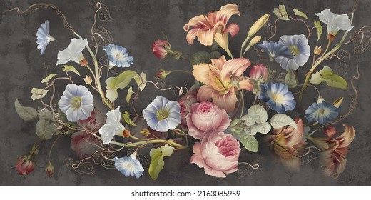 Flowers Illustration On Dark Concrete Grunge Wall. Loft, Modern, Classic, Baroque, Rococo Design For Interior Projects, Wallpaper, Photo Wallpaper, Mural, Poster, Home Decor, Card.