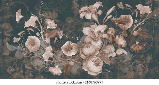 Flowers Illustration On Dark Concrete Grunge Wall. Loft, Modern, Classic, Baroque, Rococo Design For Interior Projects, Wallpaper, Photo Wallpaper, Mural, Poster, Home Decor, Card.