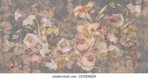 Flowers Illustration On Dark Concrete Grunge Wall. Loft, Modern, Classic, Baroque, Rococo Design For Interior Projects, Wallpaper, Photo Wallpaper, Mural, Poster, Home Decor, Card.