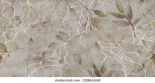 Flowers illustration on dark concrete grunge wall. Loft, modern, classic, flower, rococo design for interior projects, wallpaper, photo wallpaper, mural, poster, home decor - Shutterstock ID 2208614243