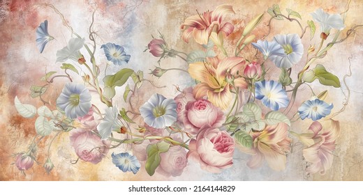 Flowers illustration on light concrete grunge wall. Loft, modern, classic, baroque, rococo design for interior projects, wallpaper, photo wallpaper, mural, poster, home decor, card.