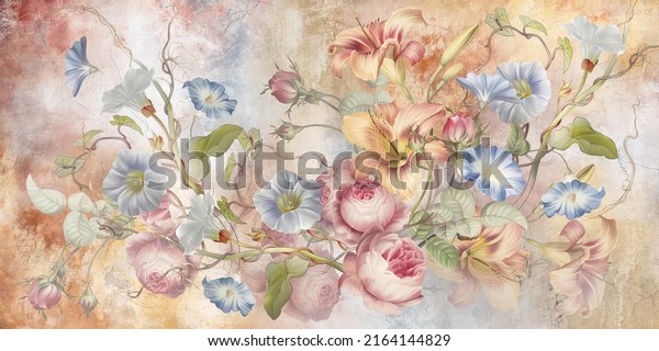 Flower illustration on light concrete wall. Luxurious, modern, classic, baroque, rococo design for interior projects, tapestry, photo wallpaper, mural, poster, home décor.