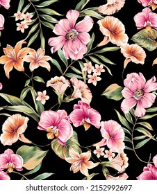 Flowers and leaves colorful seamless motif pattern illustration. Floral peony, tulip, orchids with small white floral elements bouquet. Tropical palm leaves and botanic natural leafs.Black background