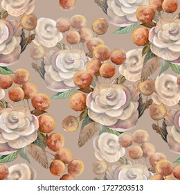 Flowers with leaves drawing in pastel on beige background.  Seamless pattern for fabric.