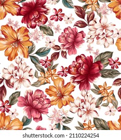 Flowers and leaves seamless pattern. Fabric colorful illustration texture. Hibiscus, peony, orchids, small floral bouquet elements and beautiful leaves on white background.