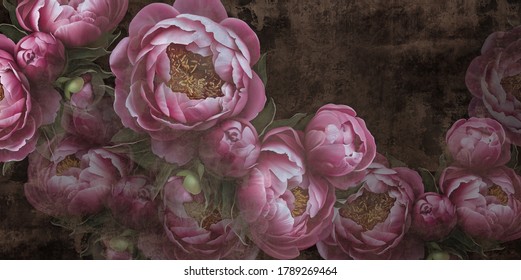 Flowers painted on a concrete wall. Peonies on the wall grunge texture. Photo wallpaper, wallpaper, mural, design for walls.