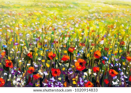 Flowers painting, red poppies, oil paintings landscape impressionism artwork