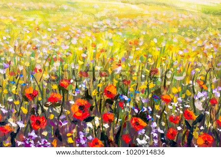 Flowers painting, red poppies, oil paintings landscape impressionism artwork