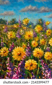 Flowers Painting, Yellow Wildflowers Chamomile And Purple Flowers Oil Paintings Landscape Impressionism Artwork