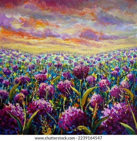 Flowers paintings monet painting claude impressionism paint landscape flower meadow oil Pink purple Flowers wildflower in blue green grass closeup