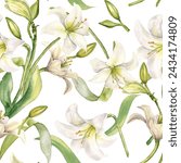 Flowers pastel color seamless pattern isolated on white. White lilies watercolor background. Backdrop with lilium and leaves. Floral design for wedding invitation, christening, Easter card, textile