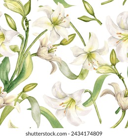 Flowers pastel color seamless pattern isolated on white. White lilies watercolor background. Backdrop with lilium and leaves. Floral design for wedding invitation, christening, Easter card, textile