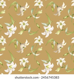 Flowers pastel color seamless pattern isolated on beige. White lilies watercolor background. Backdrop with lilium and leaves. Floral design for wedding invitation, christening, Easter card, textile - Powered by Shutterstock