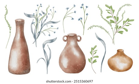 Flowers in pastel tone and pottery dishes in set. High jug and wide pot watercolor illustration isolated. Floral arrangements, plant stem and clay dishes hand drawn. For ceramics workshop, modeling - Powered by Shutterstock