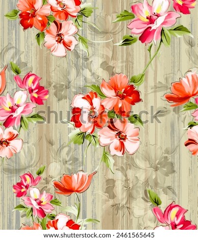 flowers pattern and on negative pattren striped background.  watercolor seamless pattern. Painted with love. Digital print