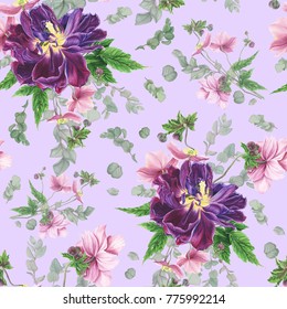 Flowers pattern with tulip, anemone and eucalyptus, watercolor painting