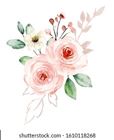 Flowers pink watercolor, floral blossom clip art. Bouquet blush roses perfectly for printing design on wedding invitations, cards, wall art and other. Isolated on white background. Hand painting. 
