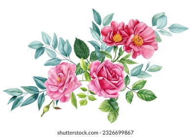 Flowers Rose, eucalyptus and peony isolated on white background. Hand-drawn in watercolor, a bouquet of delicate flowers - Powered by Shutterstock