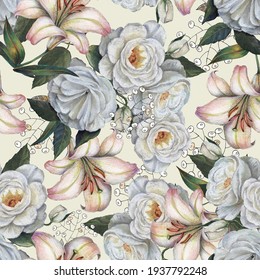 Flowers Rose With Lily On Cream Background. Floral Seamless Pattern.