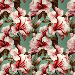 Flowers Seamless Pattern. Floral Nature Decorative Background. White-pink Lilies Flowers. Digital Painting Raster Bitmap Illustration. Graphic Design Art.