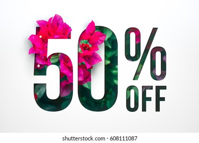 Flowers spring sale 50 percent off. Paper cut with flowers and leaves sale 50% on white background. Unique selling background for flyer, poster, shopping, for symbol sign, discount, selling, banner. - Powered by Shutterstock